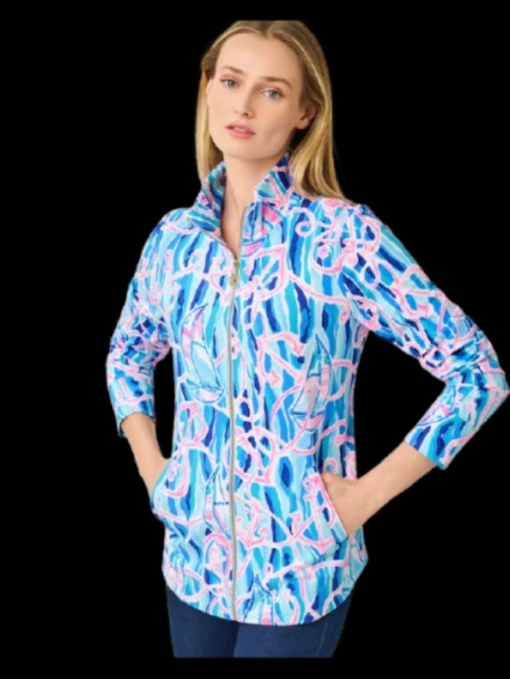 Lilly Pulitzer Women's Leona Zip-Up Jacket Skim Blue Reel Nauti